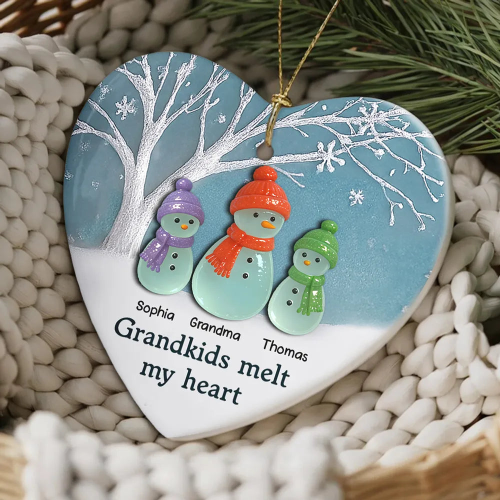 Personalized Heart Ornament for Grandparents with Snowman Family - Christmas Gift Ornament MagicInPrints