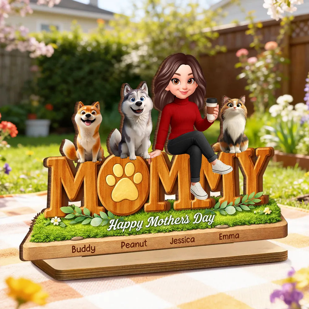 Personalized Mother's Day Wooden Plaque for Moms with Pets - Custom Names Plaque MagicInPrints