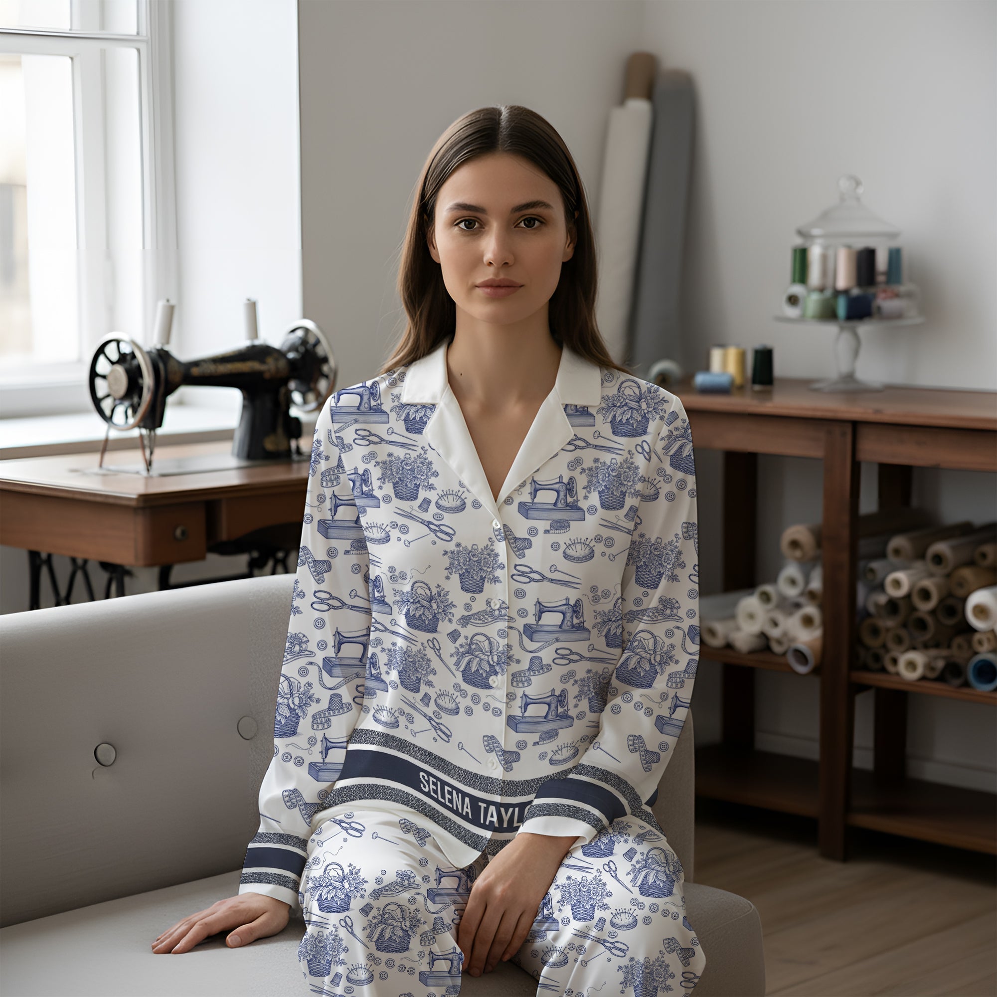 Sewing Toile de Jouy Button Up Pajama Set - Personalized Gift for Sewing Lovers Pajama Set MagicInPrints