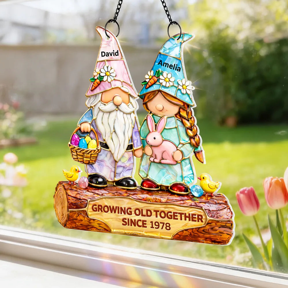 Personalized Gnome Couple Stained Glass Ornament for Couples - Anniversary Gift Ornament MagicInPrints