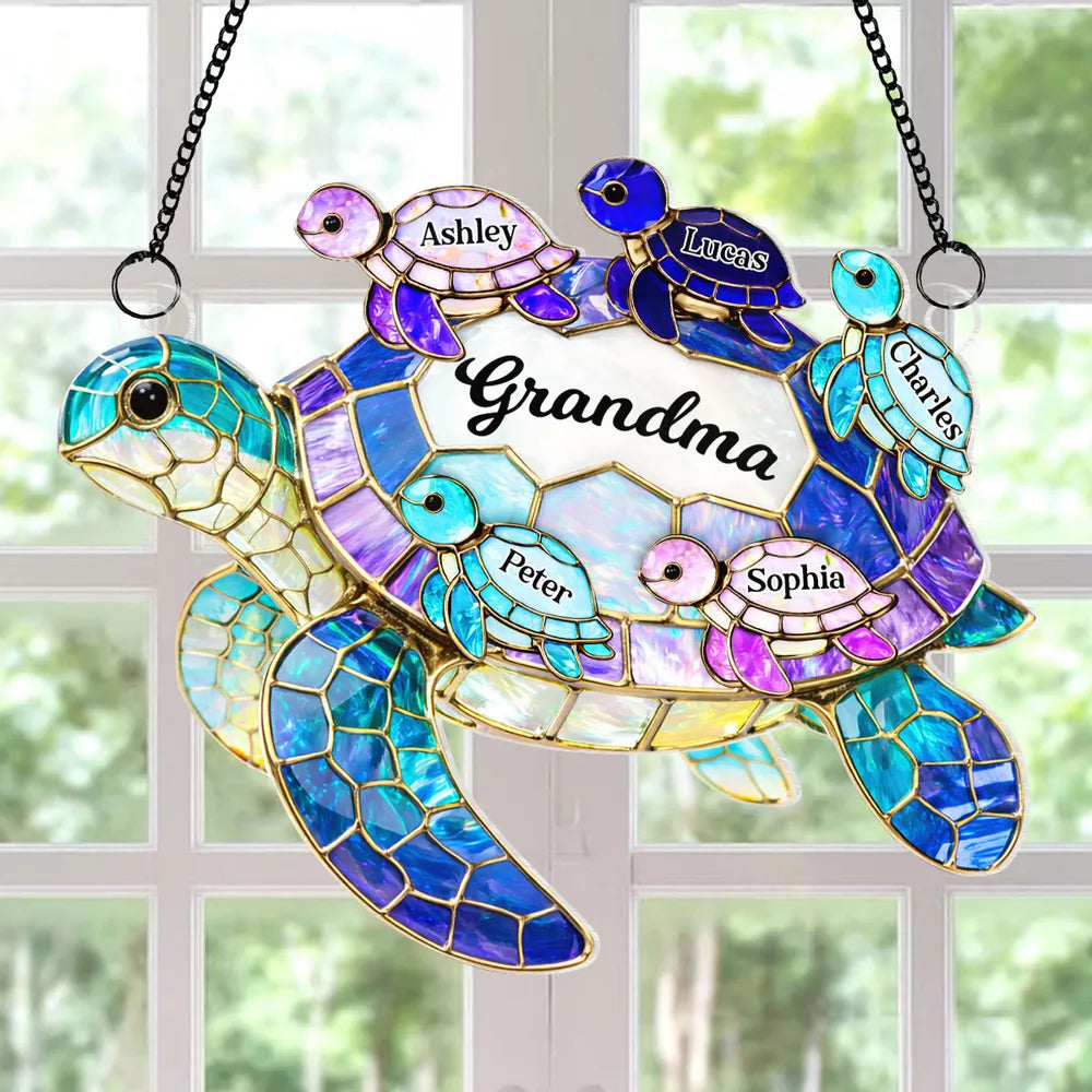 Personalized Stained Glass Turtle Sun Catcher for Grandma - Family Gift Ornament MagicInPrints