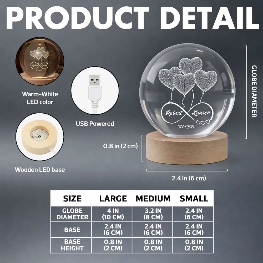 Personalized LED Crystal Ball Lamp for Couples with Heart Design - Anniversary Gift Lamp MagicInPrints