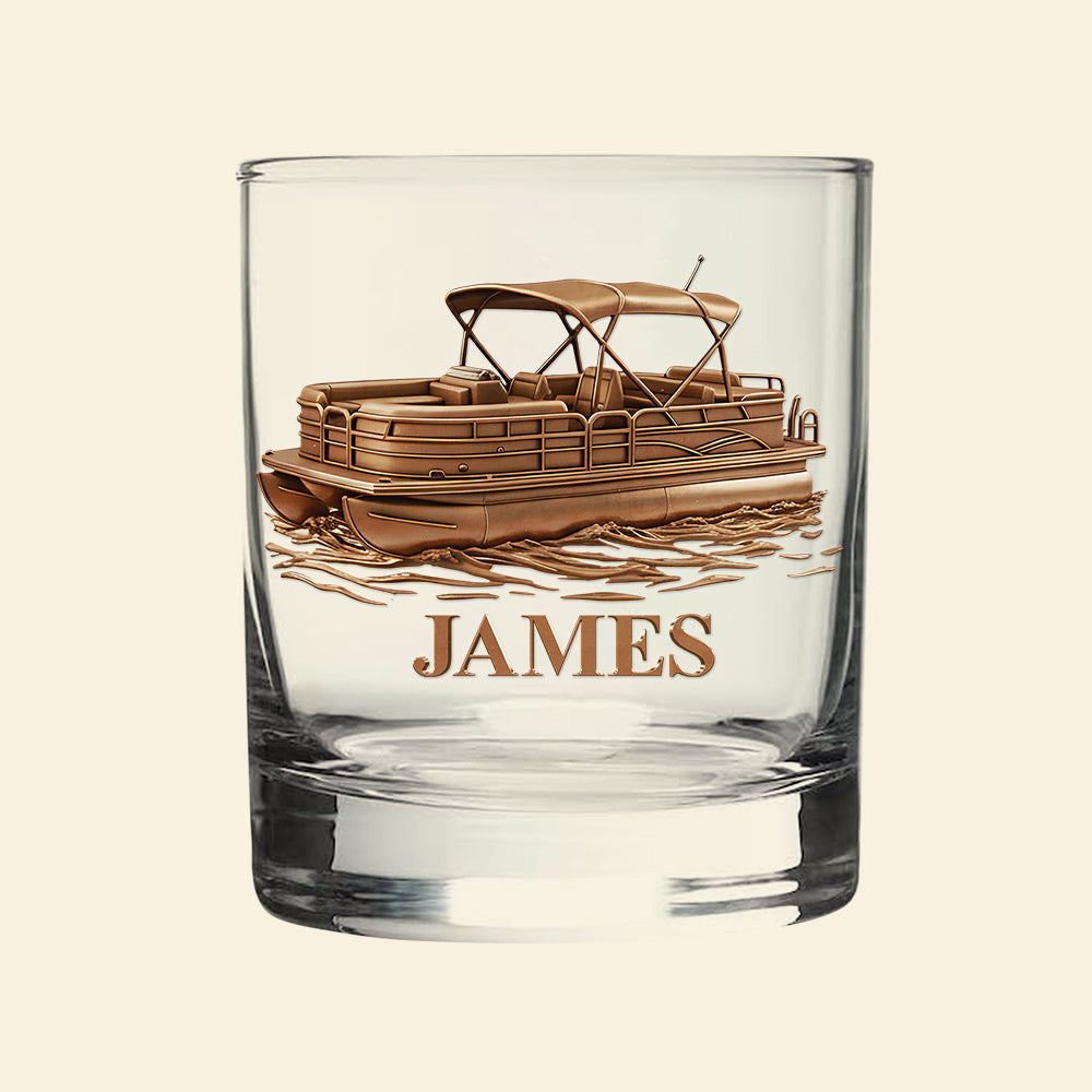 "Sail Away with Joy: Personalized Pontoon Drinking Glass" - Custom 11oz Round Drinking Glass, Perfect Gift for Sea Lovers Whiskey Glass PopCulturePrints