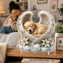 Load image into Gallery viewer, Personalized Acrylic Block Plaque Sleeping Dog Angel Wings Pet Memorial Gift
