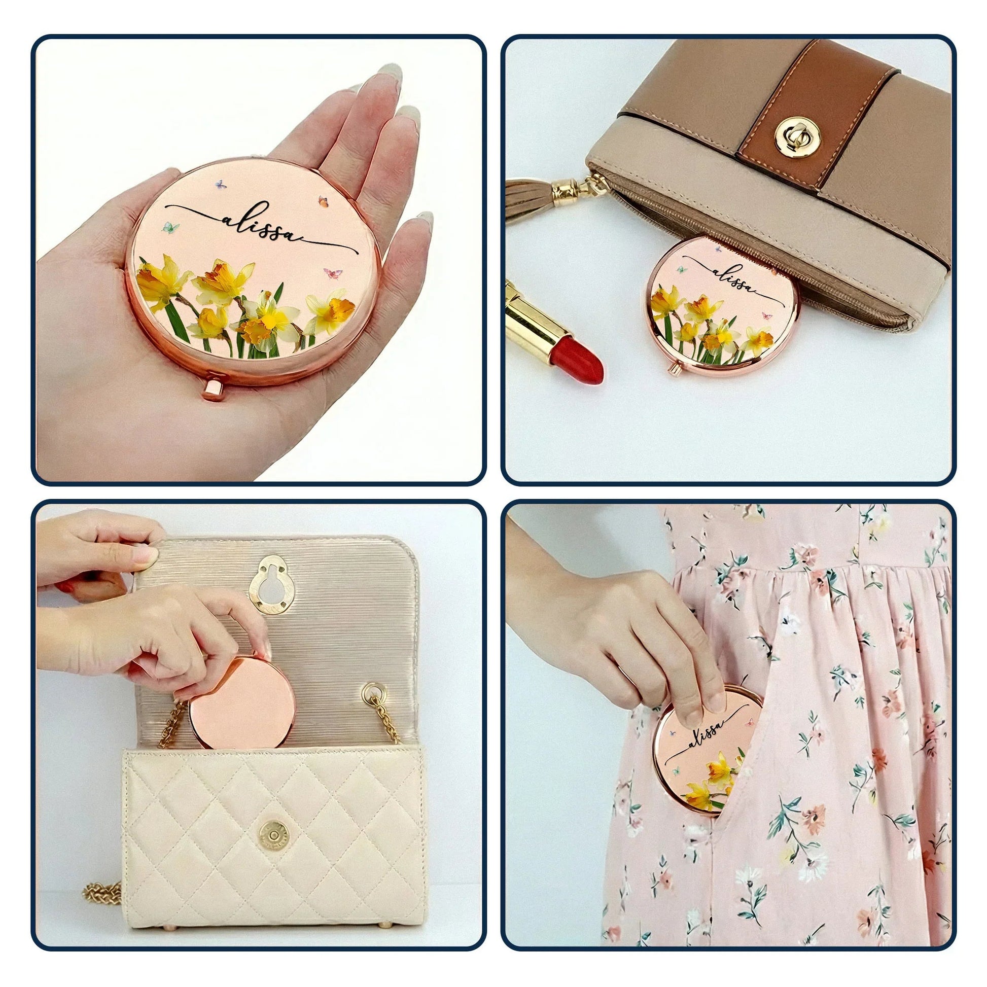 Personalized Floral Compact Mirror for Women - Custom Name Gift Beauty Tools MagicInPrints