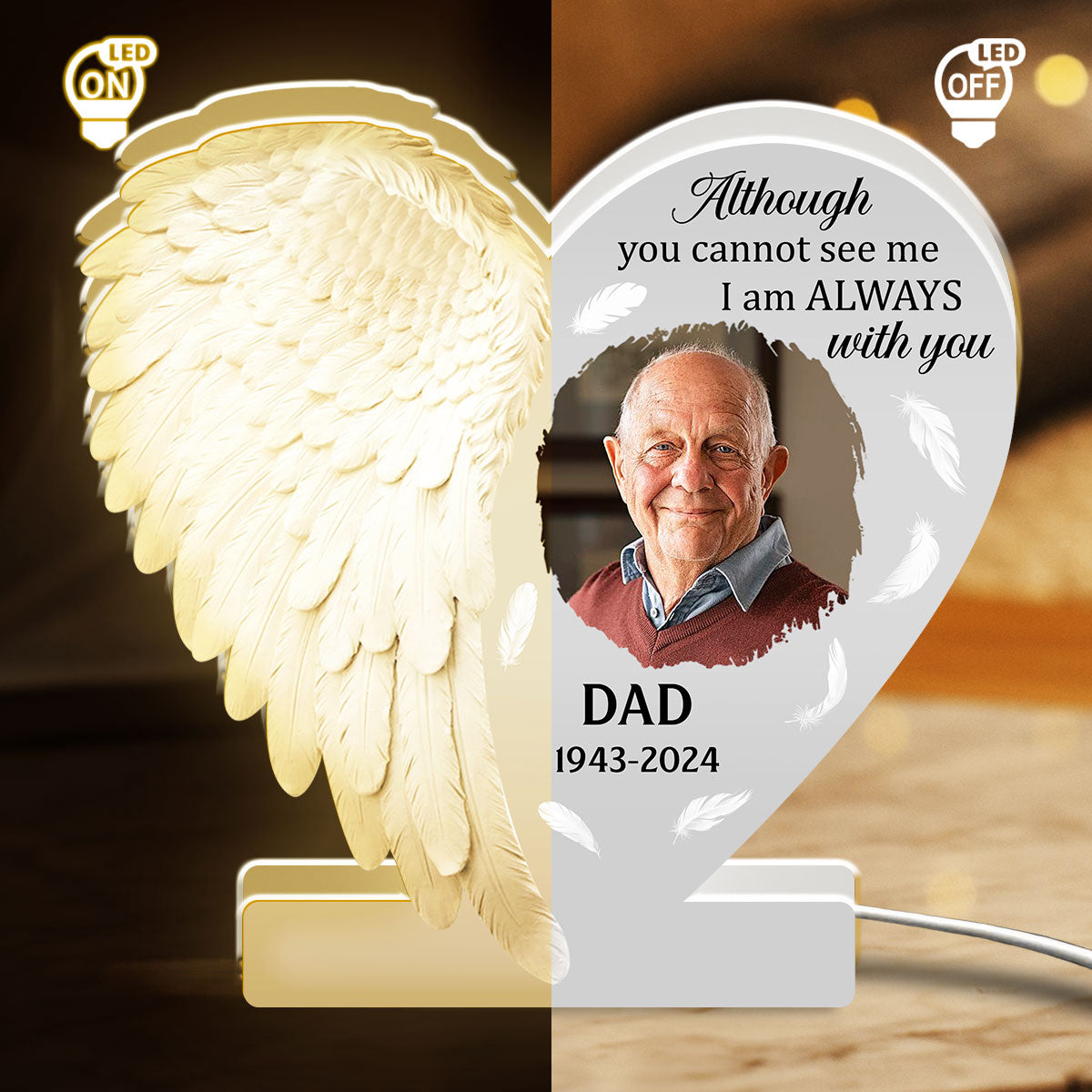 Personalized Memorial LED Lamp for Dad with Angel Wings - Sentimental Tribute Plaque MagicInPrints
