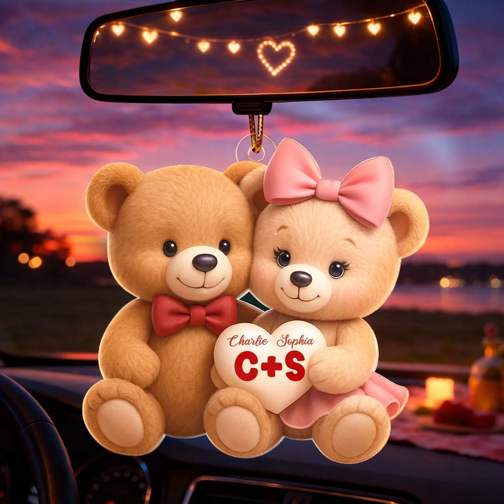 Personalized Teddy Bear Car Hanging Ornament for Couples - Romantic Gift Car Hanger MagicInPrints