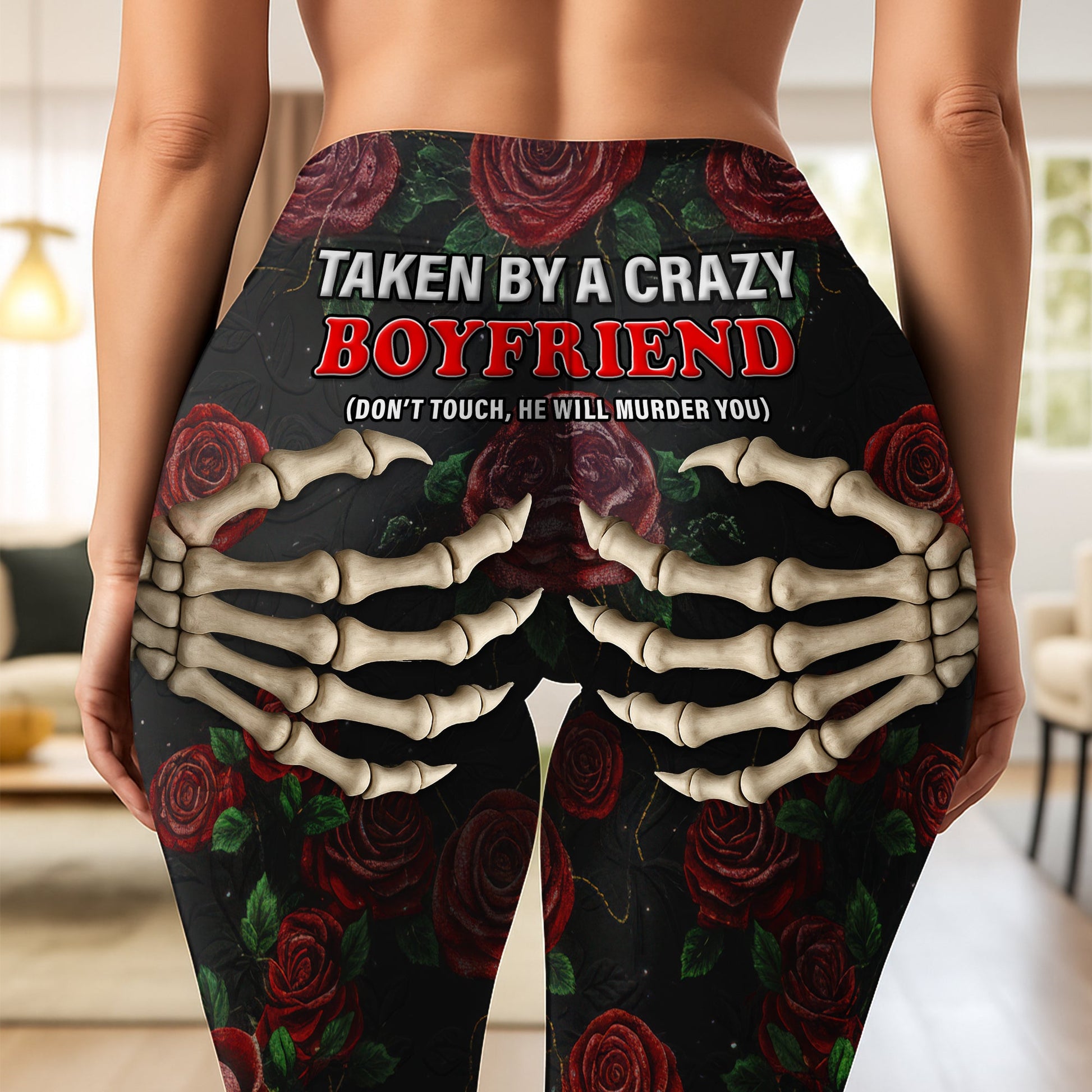 ‘Taken by a Crazy Boyfriend’ - Naughty Skeleton Hands Leggings - Personalized Gift for Her Shorts and Pants MagicInPrints