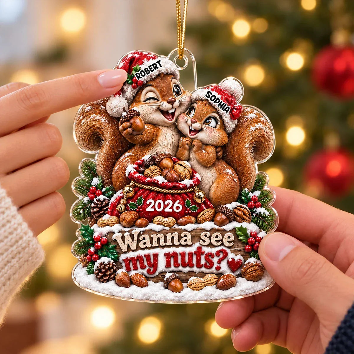 Personalized Acrylic Holiday Ornament Cuddling Squirrels Gift for Couples