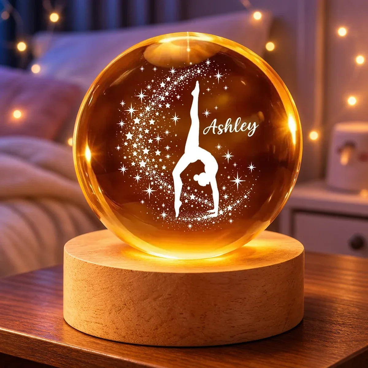 Personalized Amber Globe Lamp Starlit Gymnast Gift for Daughter