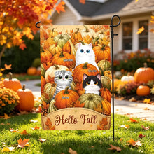 Load image into Gallery viewer, Personalized Fall Garden Flag with Cats in Pumpkin Patch Gift for Cat Lovers
