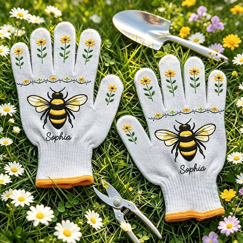 Personalized Cotton Gardening Gloves with Bee Art Gift for Mom