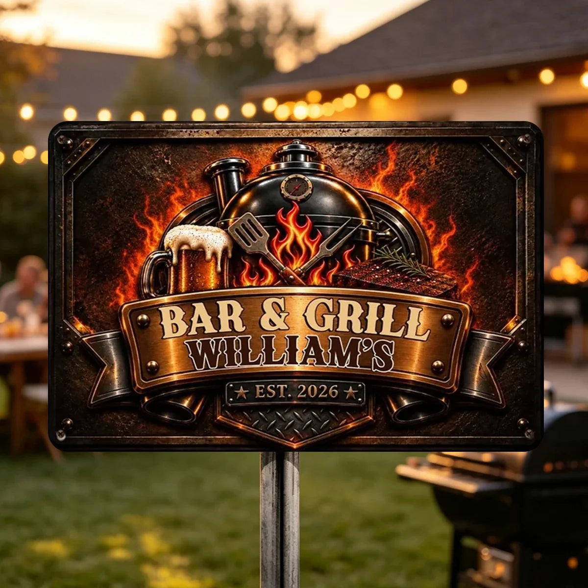 Personalized Rustic Iron Grill Sign Custom Name Gift for Dad
