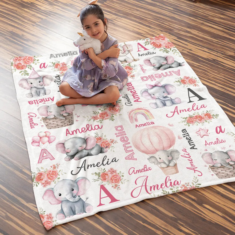 Personalized Baby Blanket for Girls - Cute Elephant Design with Name - Nursery Decor Blanket MagicInPrints