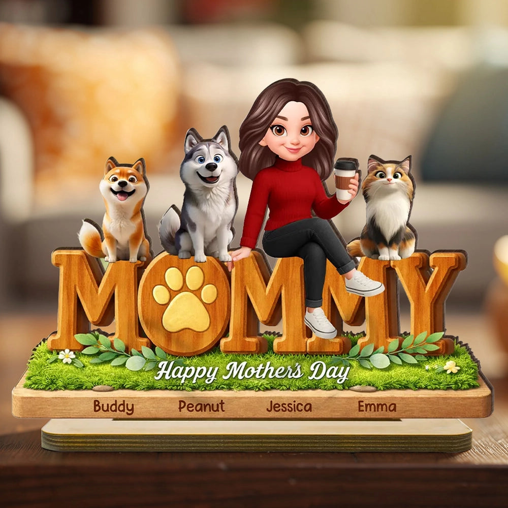 Personalized Mother's Day Wooden Plaque for Moms with Pets - Custom Names Plaque MagicInPrints