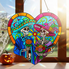 Load image into Gallery viewer, “Together Forever” - Colorful Skull Couple Suncatcher - Personalized Gift for Couples Ornament MagicInPrints
