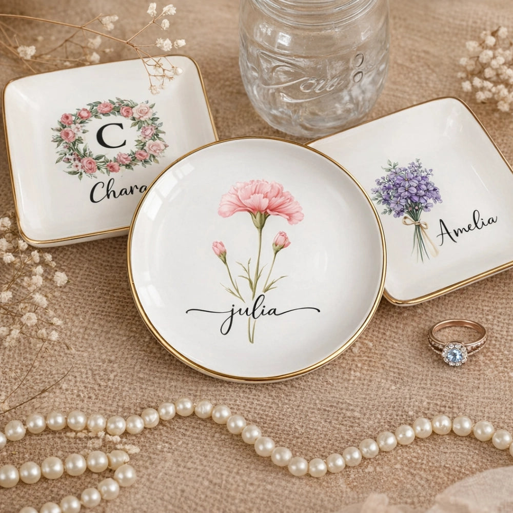 Personalized Ceramic Jewelry Dish for Women with Floral Design - Perfect for Gifts Jewelry MagicInPrints