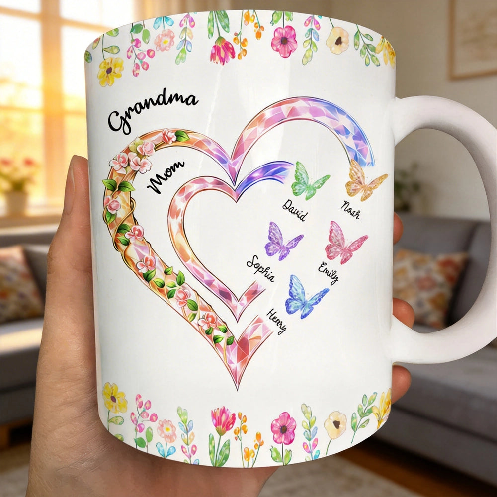 Personalized Family Heart Mug for Grandma - Custom Names with Floral Design Cup MagicInPrints