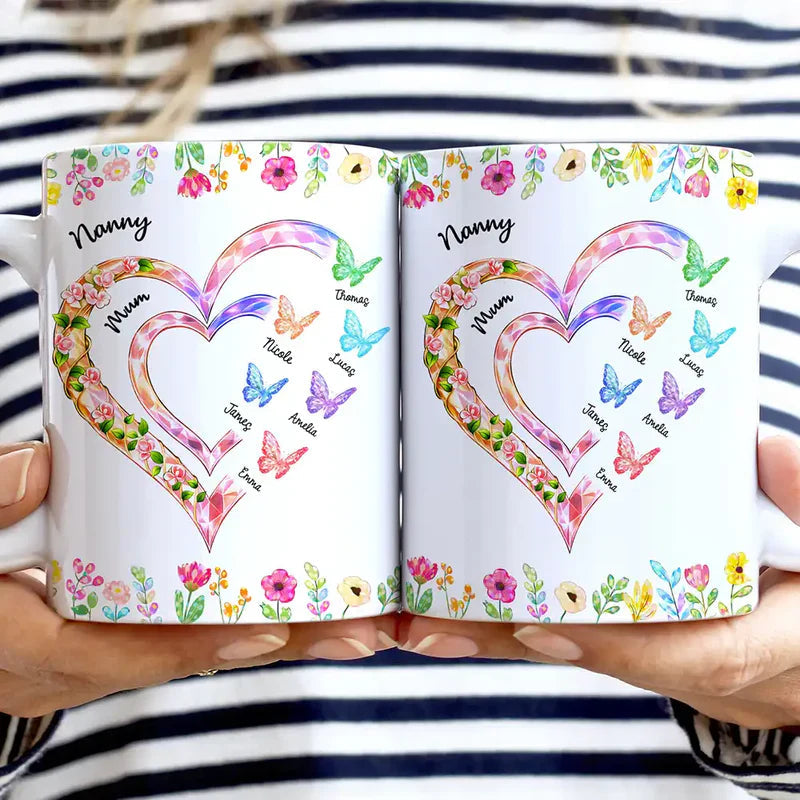 Personalized Family Heart Mug for Grandma - Custom Names with Floral Design Cup MagicInPrints