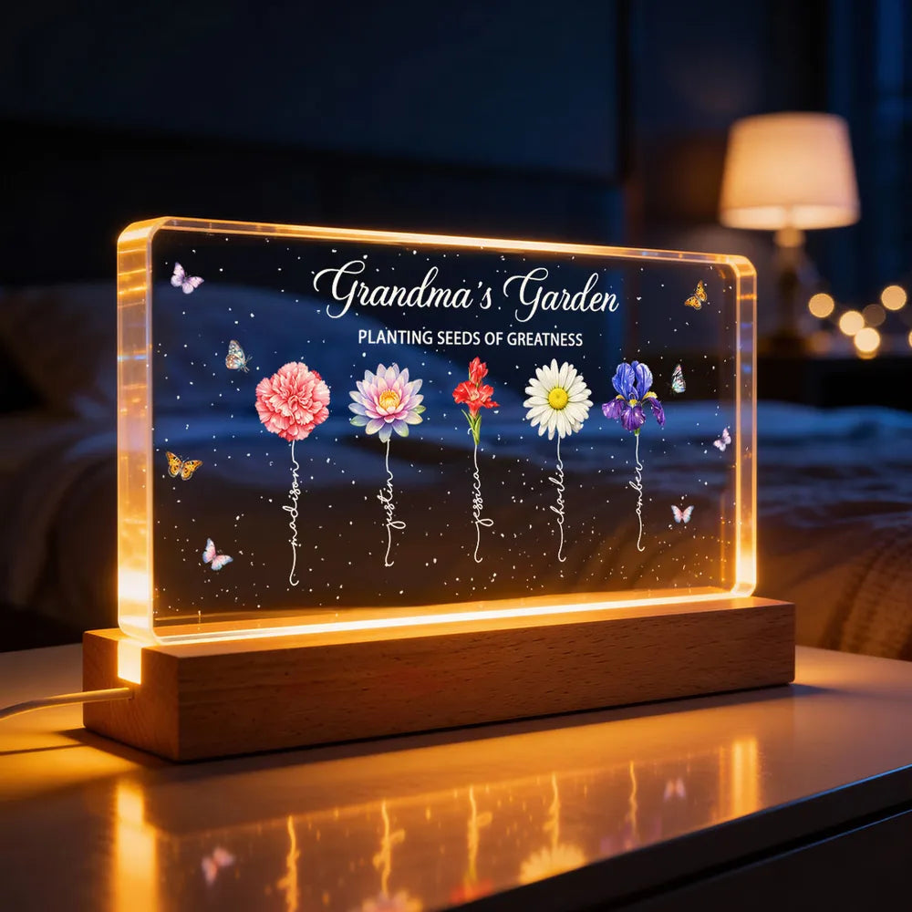 Personalized LED Acrylic Night Light for Grandma - Floral Garden Design Plaque MagicInPrints