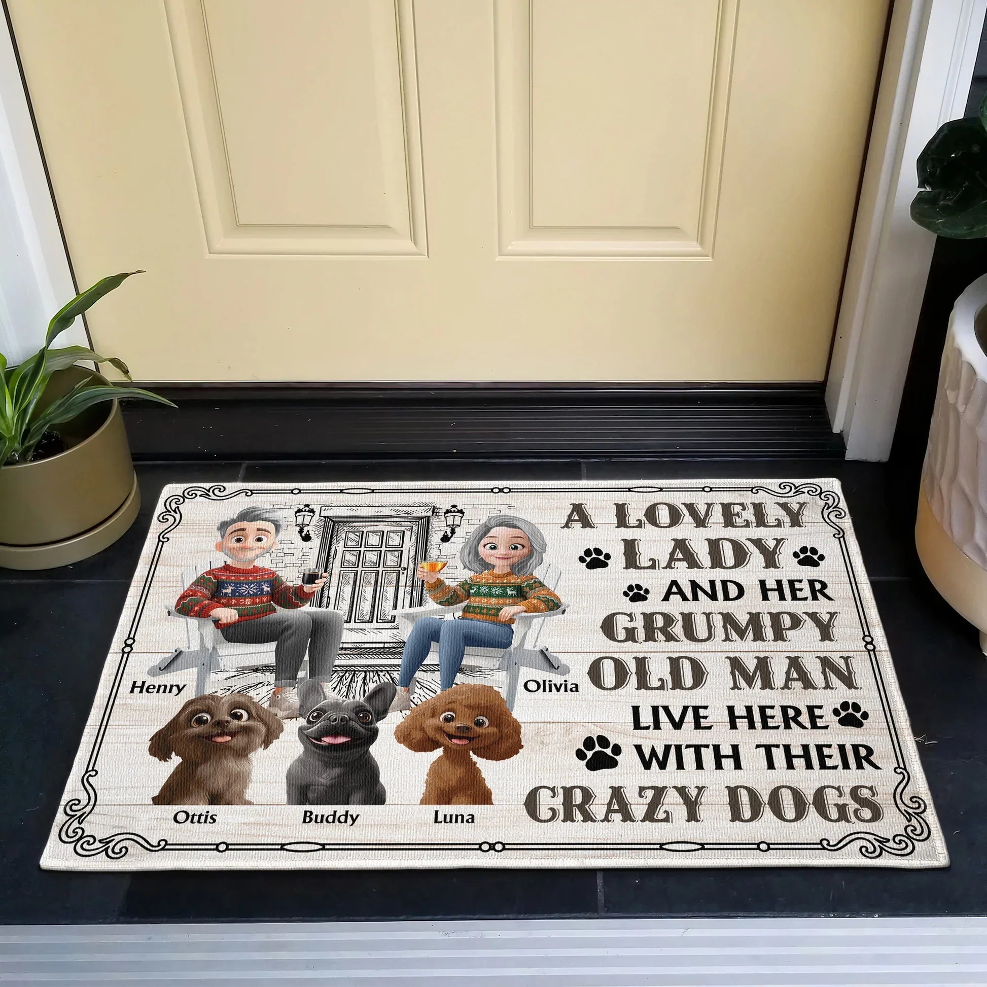 Personalized Funny Doormat for Dog Lovers - A Lovely Lady and Her Grumpy Old Man Live Here Doormat MagicInPrints