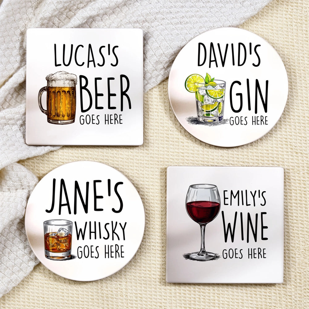 Personalized Drink Coasters Set for Tea, Bourbon, Prosecco, Vodka Lovers - Custom Gift Kitchen Supplies MagicInPrints