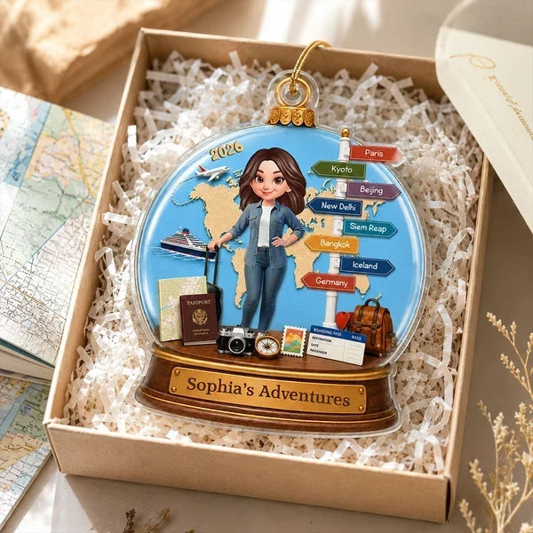 Personalized Acrylic Travel Ornament with World Map Gift for Mom