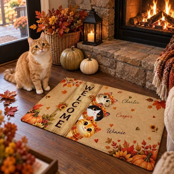 Personalized Fall Cat Doormat Custom Pet Owner Gift Cozy Autumn