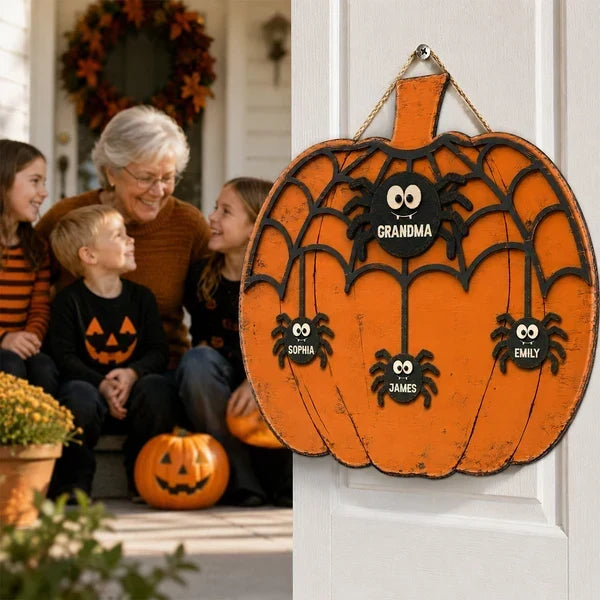 Personalized Wooden Halloween Sign for Grandma with Spiders