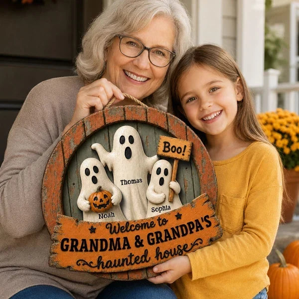 Personalized Wooden Halloween Sign with Ghosts & Pumpkin Gift for Grandma and Grandpa