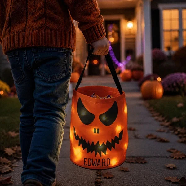 Personalized LED Light Up Fabric Basket Pumpkin Face Halloween Gift for Kids