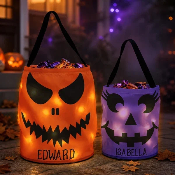 Personalized LED Light Up Fabric Basket Pumpkin Face Halloween Gift for Kids
