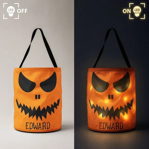 Personalized LED Light Up Fabric Basket Pumpkin Face Halloween Gift for Kids