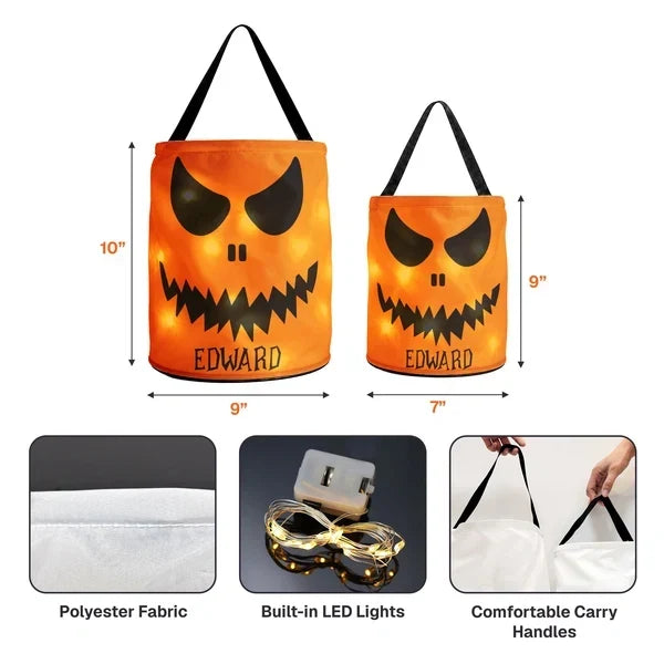 Personalized LED Light Up Fabric Basket Pumpkin Face Halloween Gift for Kids