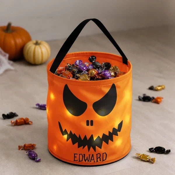 Personalized LED Light Up Fabric Basket Pumpkin Face Halloween Gift for Kids