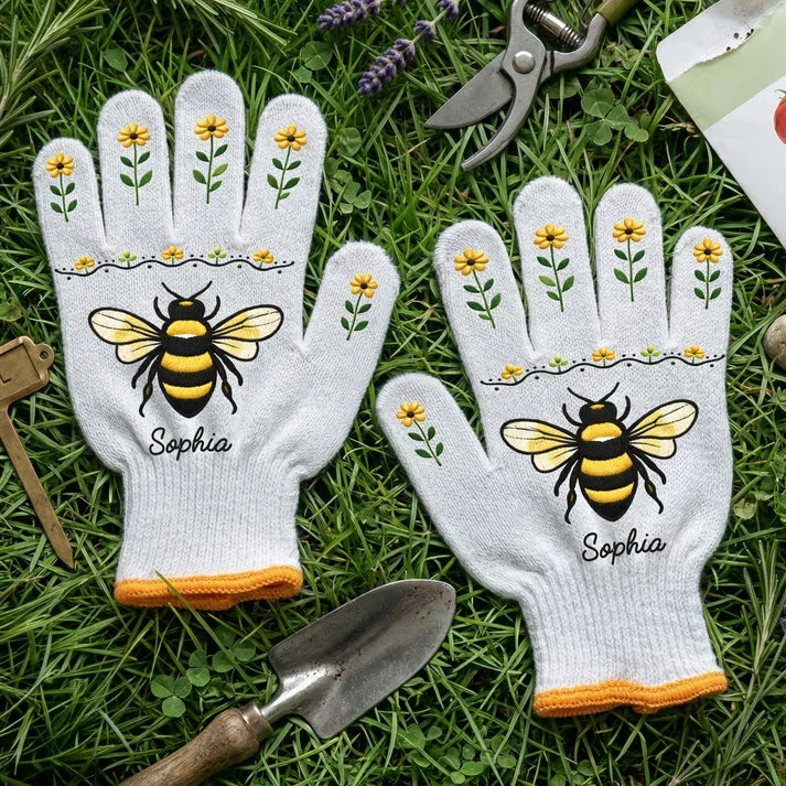Personalized Cotton Gardening Gloves with Bee Art Gift for Mom