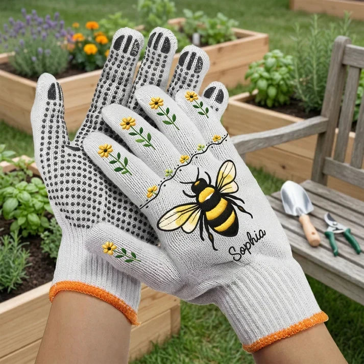 Personalized Cotton Gardening Gloves with Bee Art Gift for Mom