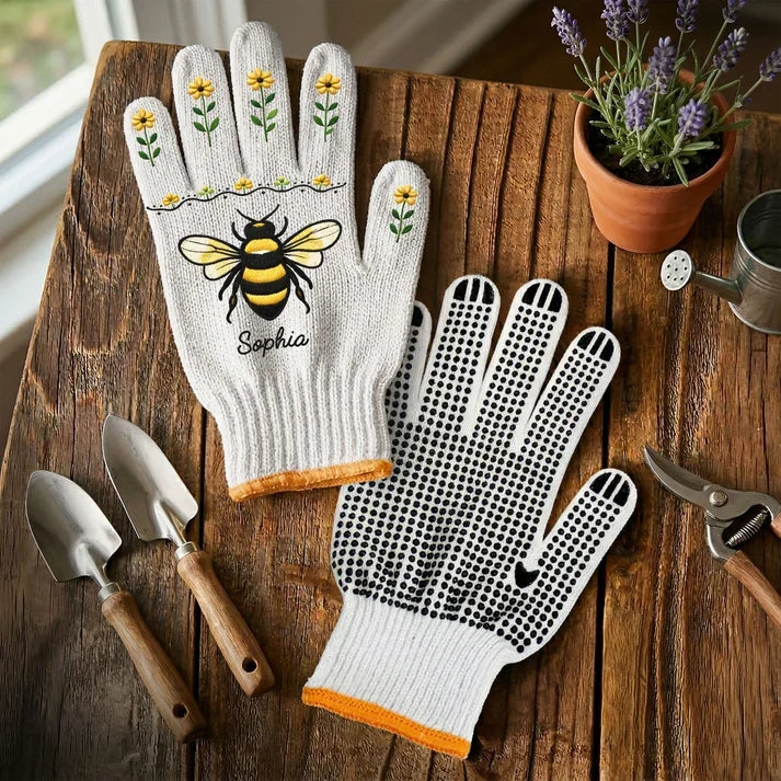 Personalized Cotton Gardening Gloves with Bee Art Gift for Mom