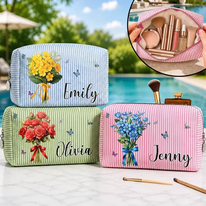 Personalized Striped Makeup Bag Custom Birth Flower Gift for Mom