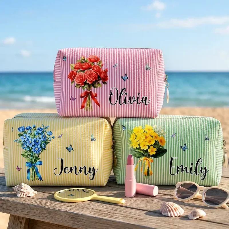 Personalized Striped Makeup Bag Custom Birth Flower Gift for Mom