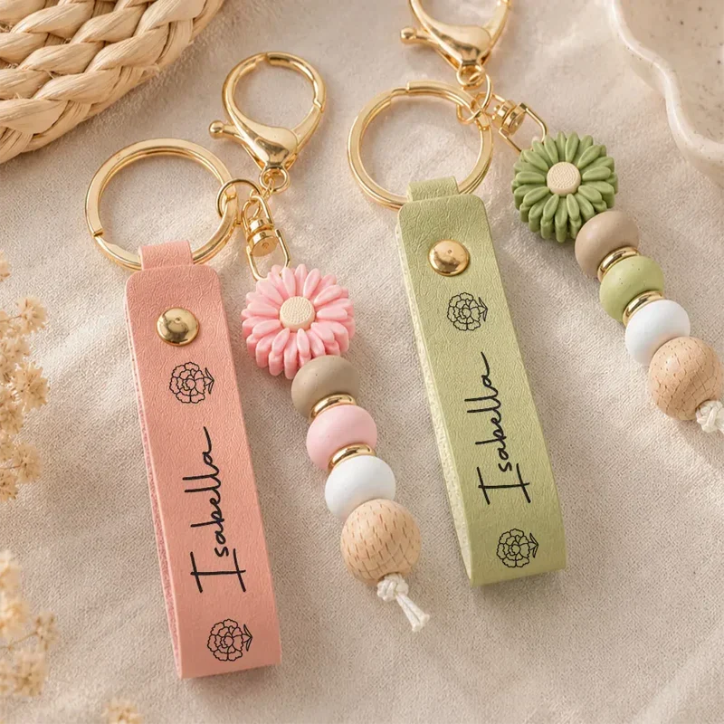Personalized Floral Daisy Keychain with Custom Name Gift for Her