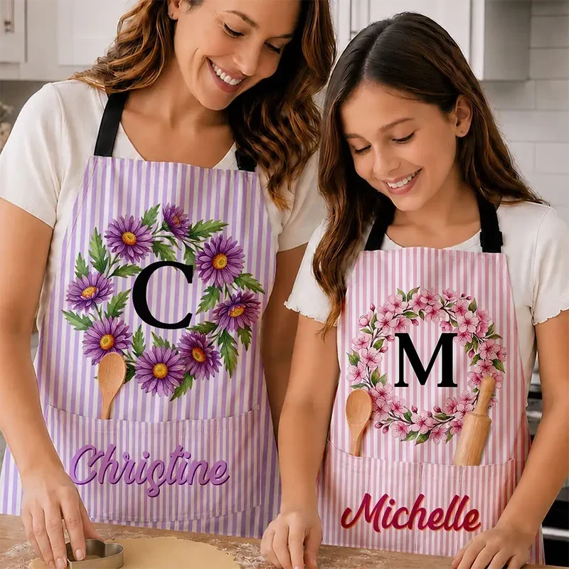 Personalized Floral Wreath Apron Custom Name Gift for Mom