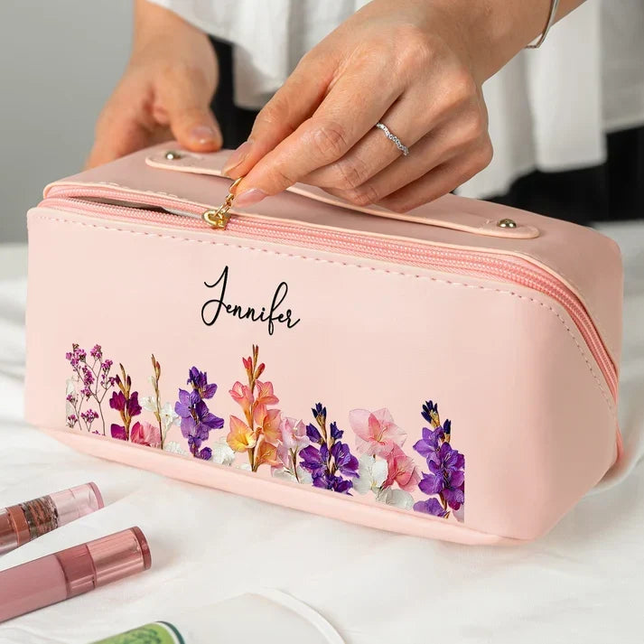 Personalized Blush Floral Leather Makeup Bag Gift for Mom