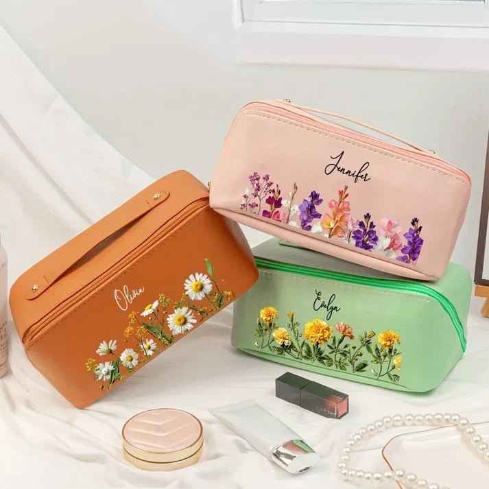 Personalized Blush Floral Leather Makeup Bag Gift for Mom