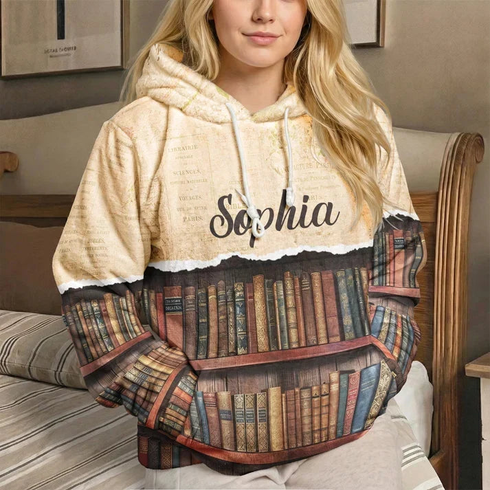 Personalized Youth Flannel Hoodie Vintage Bookshelf Gift for Book Lovers