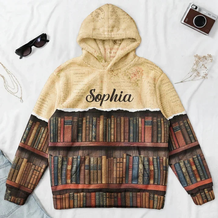 Personalized Youth Flannel Hoodie Vintage Bookshelf Gift for Book Lovers