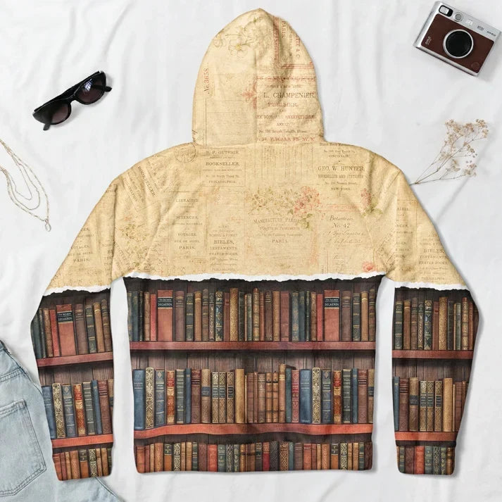 Personalized Youth Flannel Hoodie Vintage Bookshelf Gift for Book Lovers