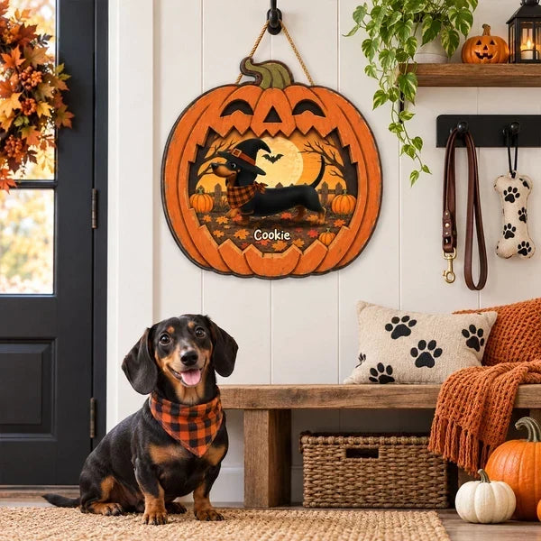 Personalized Wooden Halloween Sign for Dog Lovers | Custom Dachshund Gift