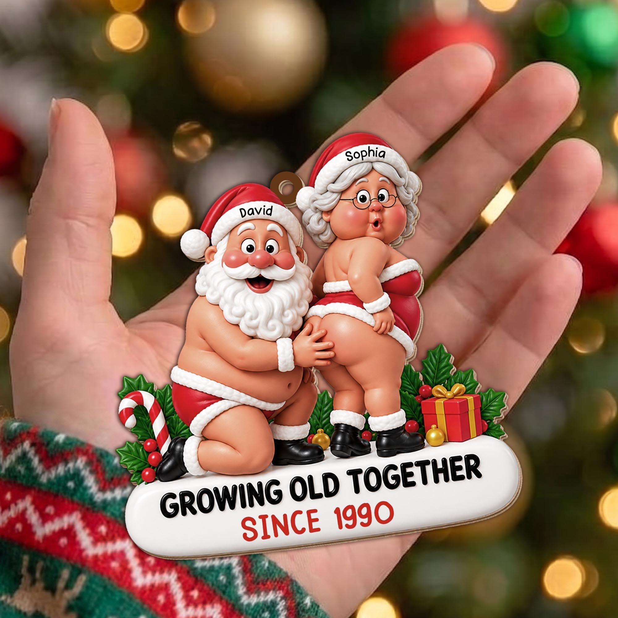 Personalized Wooden Ornament Playful Santa Couple Gift for Wife