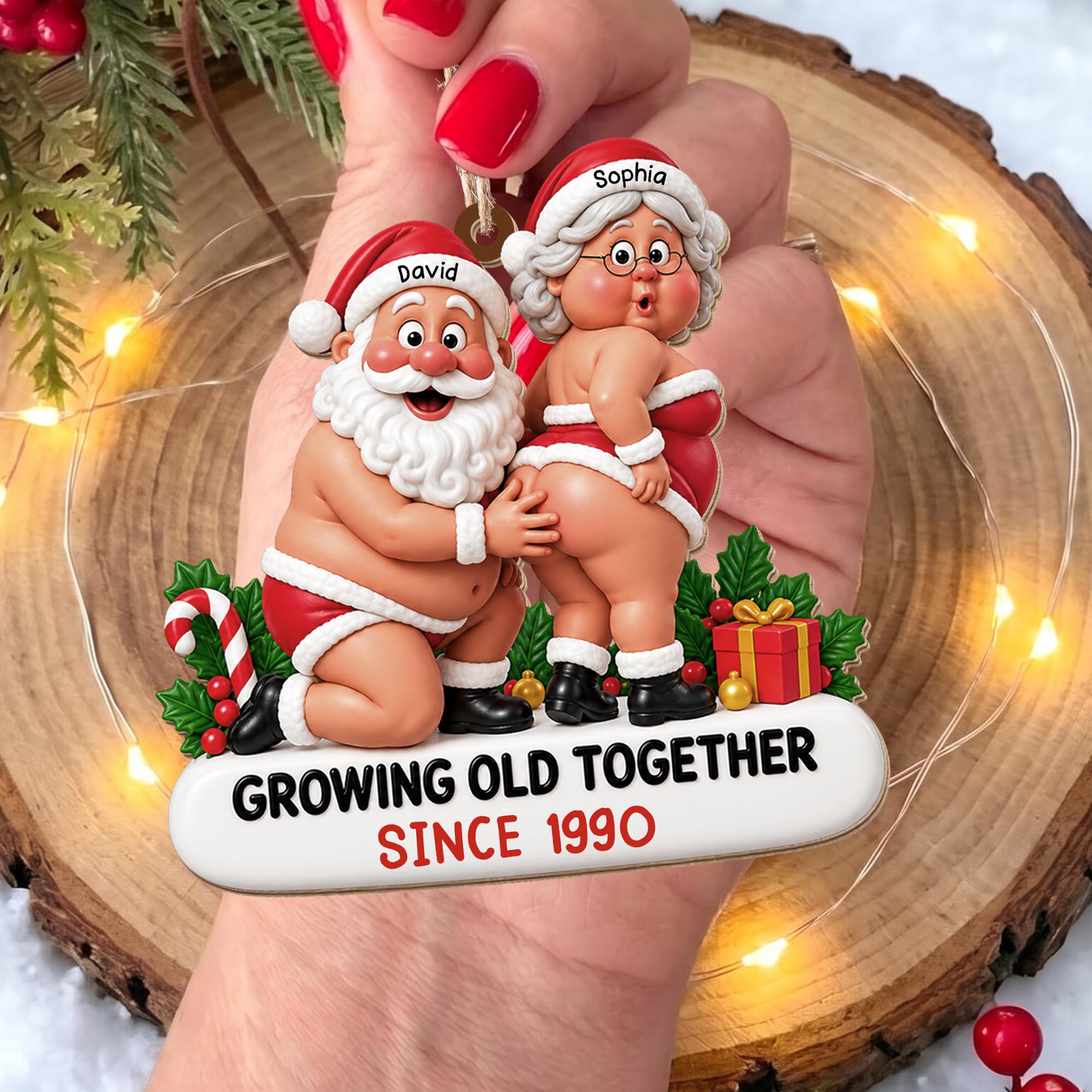 Personalized Wooden Ornament Playful Santa Couple Gift for Wife